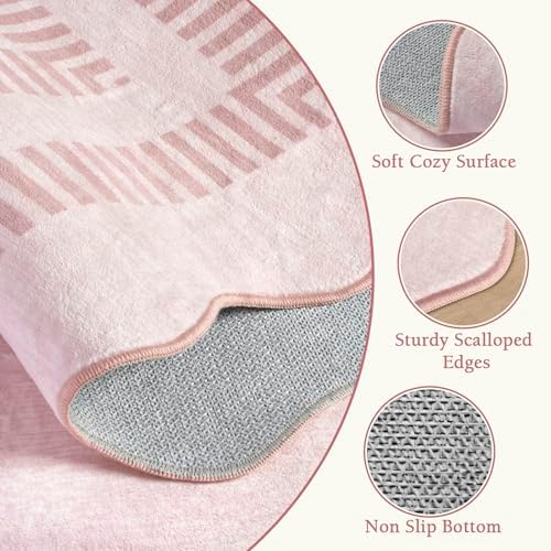 Washable 3x5 Indoor Entryway Rug  Solid Pink Non Slip Rugs for Bedroom Girls  Stain Resistant Scalloped Soft Carpet for Nursery Dorm Kitchen