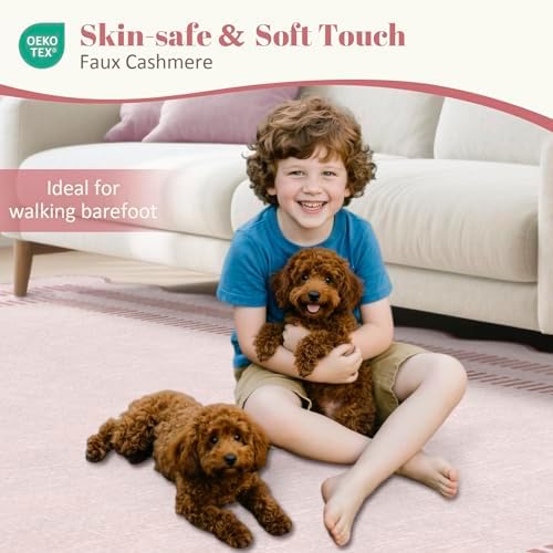 Washable 3x5 Indoor Entryway Rug  Solid Pink Non Slip Rugs for Bedroom Girls  Stain Resistant Scalloped Soft Carpet for Nursery Dorm Kitchen