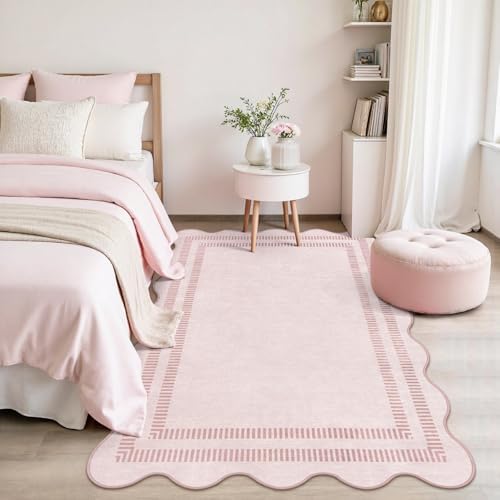 Washable 3x5 Indoor Entryway Rug  Solid Pink Non Slip Rugs for Bedroom Girls  Stain Resistant Scalloped Soft Carpet for Nursery Dorm Kitchen