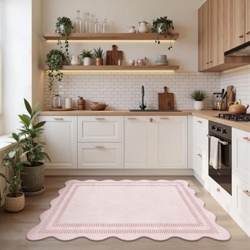 Washable 3x5 Indoor Entryway Rug  Solid Pink Non Slip Rugs for Bedroom Girls  Stain Resistant Scalloped Soft Carpet for Nursery Dorm Kitchen