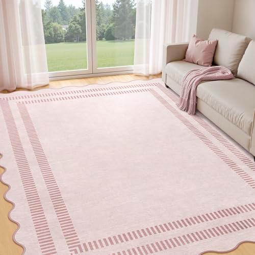 Washable 3x5 Indoor Entryway Rug  Solid Pink Non Slip Rugs for Bedroom Girls  Stain Resistant Scalloped Soft Carpet for Nursery Dorm Kitchen