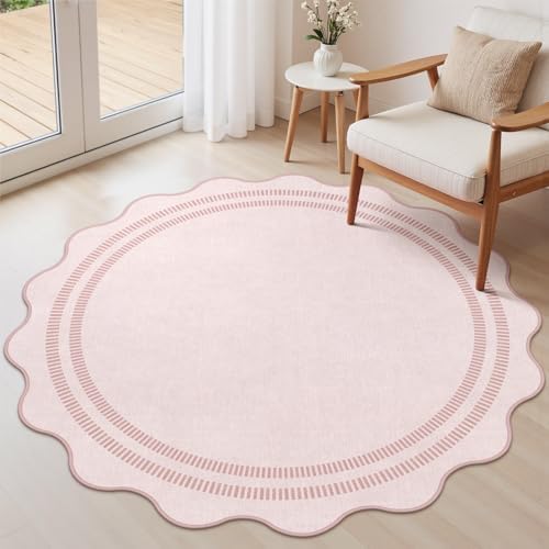 Washable 3x5 Indoor Entryway Rug  Solid Pink Non Slip Rugs for Bedroom Girls  Stain Resistant Scalloped Soft Carpet for Nursery Dorm Kitchen