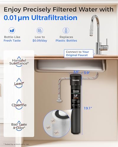 Waterdrop 17UA UF 0 01  m Ultra Filtration Under Sink Water Filter System  3 Years  Reduces Lead  Chlorine  Bad Taste & Odor  Direct Connect to Kitchen Faucet  USA Tech