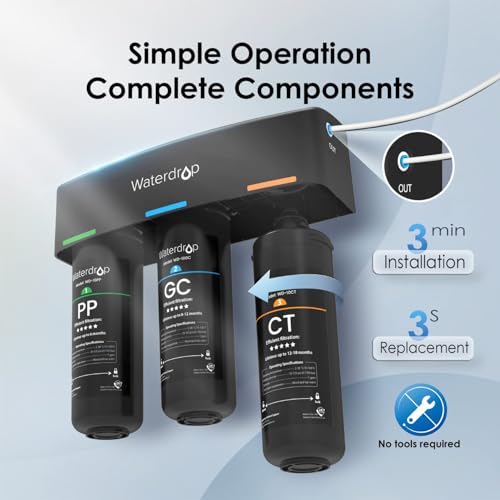 Waterdrop WD-TSA-UF - Filtro de agua para debajo del fregadero de 0.01 μm, sistema de filtración de agua debajo del fregadero, filtración de 9 etapas, reduce el cloro, el sabor y el olor, fluoruro,