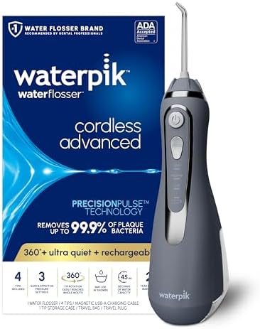 Waterpik Cordless Advanced 2 0 Water Flosser For Teeth  Gums  Braces  Dental Care With Travel Bag and 4 Tips  ADA Accepted  Rechargeable  Portable  and Waterproof  Gray WP 587  Packaging May Vary