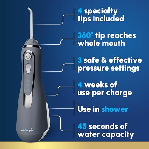 Waterpik Cordless Advanced 2 0 Water Flosser For Teeth  Gums  Braces  Dental Care With Travel Bag and 4 Tips  ADA Accepted  Rechargeable  Portable  and Waterproof  Gray WP 587  Packaging May Vary