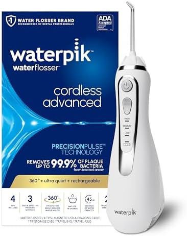 Waterpik Cordless Advanced 2 0 Water Flosser For Teeth  Gums  Braces  Dental Care With Travel Bag and 4 Tips  ADA Accepted  Rechargeable  Portable  and Waterproof  Gray WP 587  Packaging May Vary