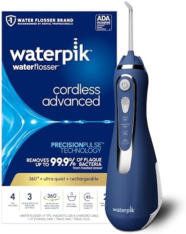Waterpik Cordless Advanced 2 0 Water Flosser For Teeth  Gums  Braces  Dental Care With Travel Bag and 4 Tips  ADA Accepted  Rechargeable  Portable  and Waterproof  Gray WP 587  Packaging May Vary