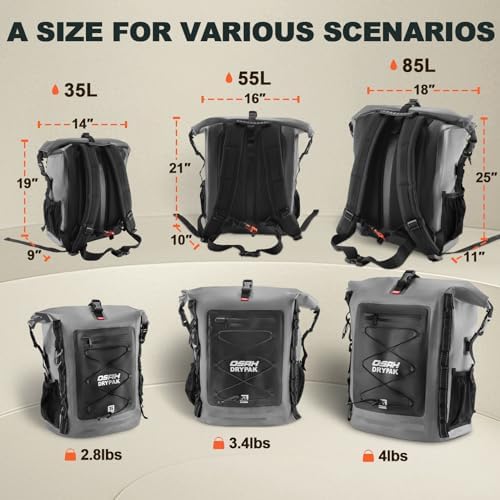 Waterproof Backpack Dry Bag 35L/55L/85L   Heavy Duty Roll Top Hiking Backpack for Travel  Kayaking  Boating  Camping  Rafting and Fishing