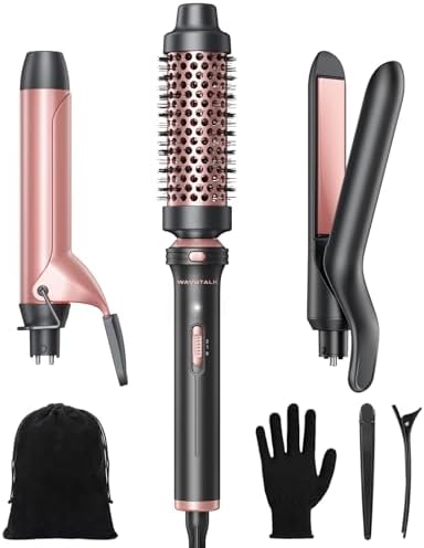 Wavytalk 3 in 1 Curling Wand Set  Multi Curl  Curling Iron Set with Heated Round Brush  Flat Iron Hair Straightener  1 1/4 inch Curling Iron  Dual Voltage Hair Curler