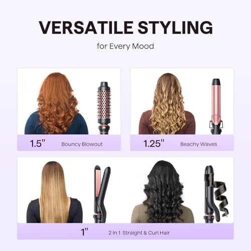 Wavytalk 3 in 1 Curling Wand Set  Multi Curl  Curling Iron Set with Heated Round Brush  Flat Iron Hair Straightener  1 1/4 inch Curling Iron  Dual Voltage Hair Curler