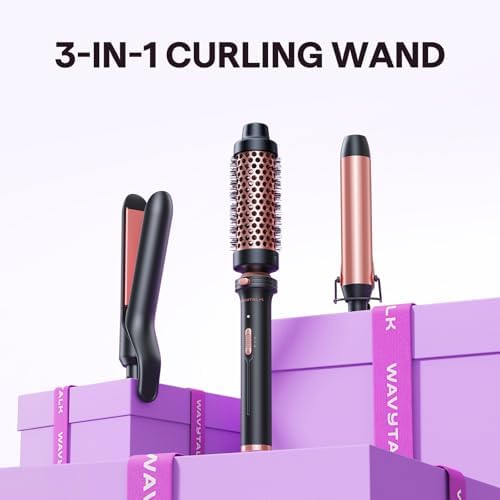 Wavytalk 3 in 1 Curling Wand Set  Multi Curl  Curling Iron Set with Heated Round Brush  Flat Iron Hair Straightener  1 1/4 inch Curling Iron  Dual Voltage Hair Curler