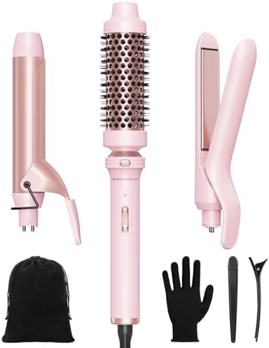 Wavytalk 3 in 1 Curling Wand Set  Multi Curl  Curling Iron Set with Heated Round Brush  Flat Iron Hair Straightener  1 1/4 inch Curling Iron  Dual Voltage Hair Curler