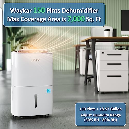 Waykar 150 Pints 2025 Energy Star Dehumidifier for Spaces up to 7 000 Sq  Ft at Commercial and Industrial Large Room  Warehouse  Storage  Home  Basement  with Drain Hose  Auto Defrost  Self Drying