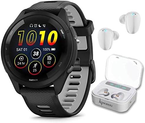 Wearable4U Garmin Forerunner 265 Music GPS Running 46 mm Smartwatch  Black with AMOLED 1 3 in Touchscreen Display White Earbuds Bundle