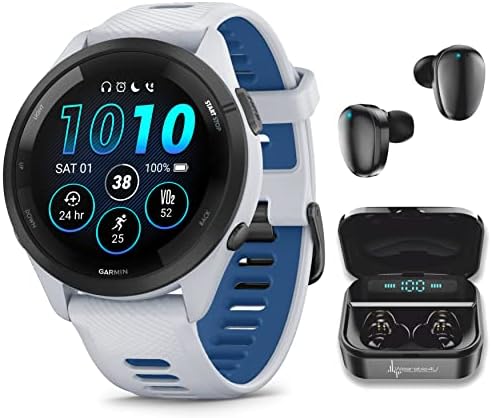 Wearable4U Garmin Forerunner 265 Music GPS Running 46 mm Smartwatch  Black with AMOLED 1 3 in Touchscreen Display White Earbuds Bundle