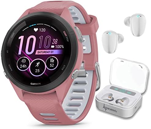 Wearable4U Garmin Forerunner 265 Music GPS Running 46 mm Smartwatch  Black with AMOLED 1 3 in Touchscreen Display White Earbuds Bundle
