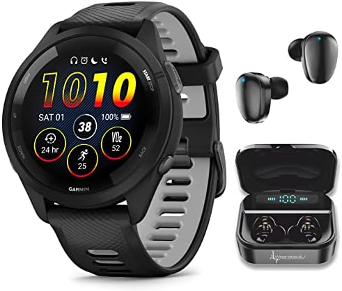 Wearable4U Garmin Forerunner 265 Music GPS Running 46 mm Smartwatch  Black with AMOLED 1 3 in Touchscreen Display White Earbuds Bundle