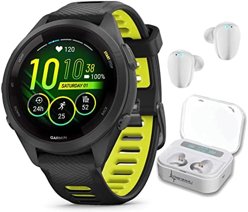 Wearable4U Garmin Forerunner 265 Music GPS Running 46 mm Smartwatch  Black with AMOLED 1 3 in Touchscreen Display White Earbuds Bundle