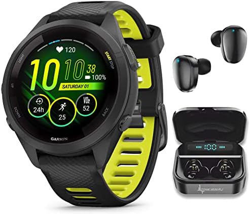 Wearable4U Garmin Forerunner 265 Music GPS Running 46 mm Smartwatch  Black with AMOLED 1 3 in Touchscreen Display White Earbuds Bundle