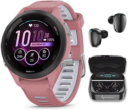 Wearable4U Garmin Forerunner 265 Music GPS Running 46 mm Smartwatch  Black with AMOLED 1 3 in Touchscreen Display White Earbuds Bundle