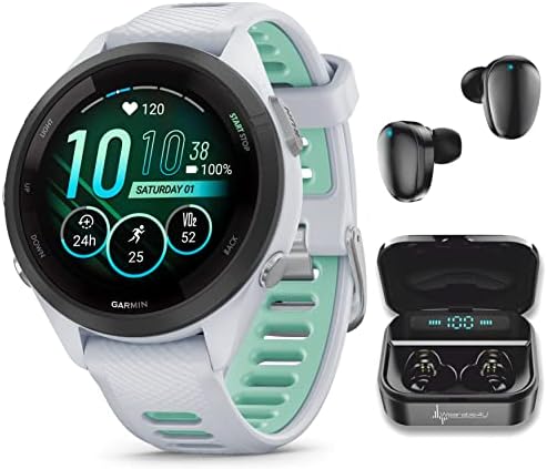 Wearable4U Garmin Forerunner 265 Music GPS Running 46 mm Smartwatch  Black with AMOLED 1 3 in Touchscreen Display White Earbuds Bundle