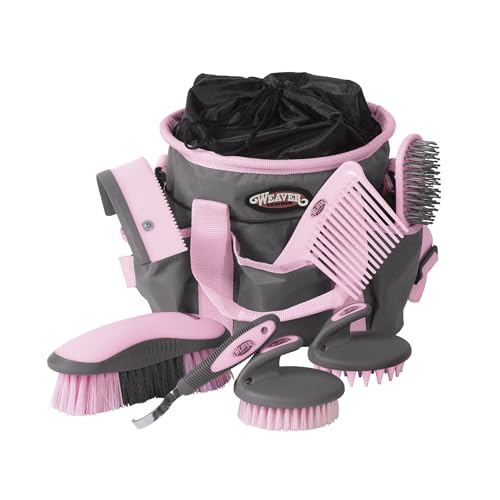 Weaver Leather Horse Grooming Kit  7 piece Horse Brush Set with Organizer Tote Bag  Equine Care  Horse Tack Room Equipment  Grooming Horse Supplies  Gray/Pink