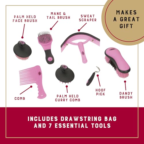 Weaver Leather Horse Grooming Kit  7 piece Horse Brush Set with Organizer Tote Bag  Equine Care  Horse Tack Room Equipment  Grooming Horse Supplies  Gray/Pink