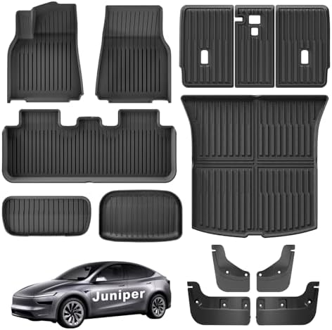 Weize Floor Mats for Tesla Model Y Juniper 2025 2026 All Weather 9Pcs Cargo Liners & 4Pcs Mud Flaps No Drill Splash Guards Interior Accessories