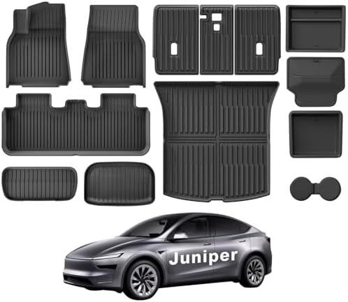 Weize Floor Mats for Tesla Model Y Juniper 2025 2026 All Weather 9Pcs Cargo Liners & 4Pcs Mud Flaps No Drill Splash Guards Interior Accessories