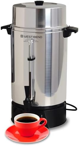 West Bend 33600 Coffee Urn Commercial Highly Polished Aluminum NSF Approved Features Automatic Temperature Control Large Capacity with Fast Brewing and Easy Clean Up  100 Cup  Silver