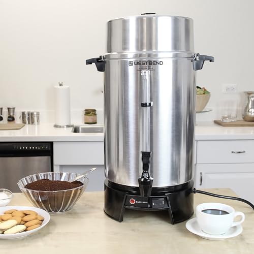 West Bend 33600 Coffee Urn Commercial Highly Polished Aluminum NSF Approved Features Automatic Temperature Control Large Capacity with Fast Brewing and Easy Clean Up  100 Cup  Silver