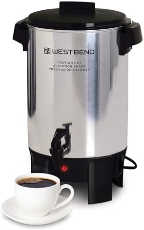 West Bend 33600 Coffee Urn Commercial Highly Polished Aluminum NSF Approved Features Automatic Temperature Control Large Capacity with Fast Brewing and Easy Clean Up  100 Cup  Silver