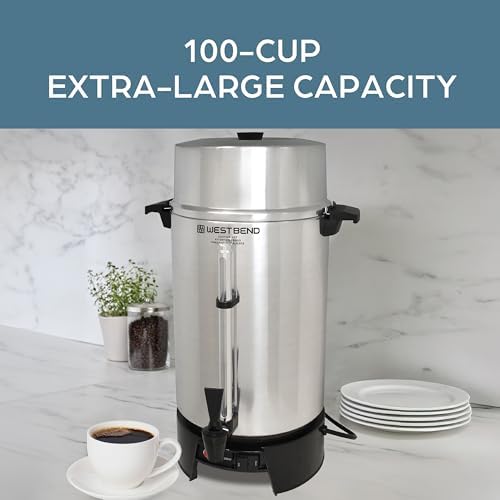 West Bend 33600 Coffee Urn Commercial Highly Polished Aluminum NSF Approved Features Automatic Temperature Control Large Capacity with Fast Brewing and Easy Clean Up  100 Cup  Silver