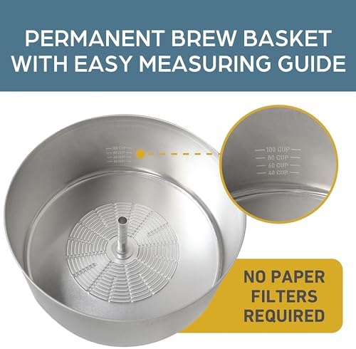 West Bend 33600 Coffee Urn Commercial Highly Polished Aluminum NSF Approved Features Automatic Temperature Control Large Capacity with Fast Brewing and Easy Clean Up  100 Cup  Silver