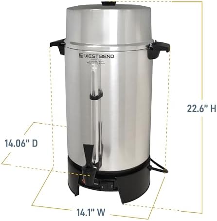 West Bend 33600 Coffee Urn Commercial Highly Polished Aluminum NSF Approved Features Automatic Temperature Control Large Capacity with Fast Brewing and Easy Clean Up  100 Cup  Silver