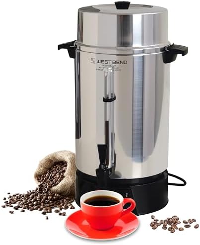 West Bend 33600 Coffee Urn Commercial Highly Polished Aluminum NSF Approved Features Automatic Temperature Control Large Capacity with Fast Brewing and Easy Clean Up  100 Cup  Silver