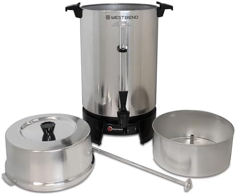 West Bend 33600 Coffee Urn Commercial Highly Polished Aluminum NSF Approved Features Automatic Temperature Control Large Capacity with Fast Brewing and Easy Clean Up  100 Cup  Silver