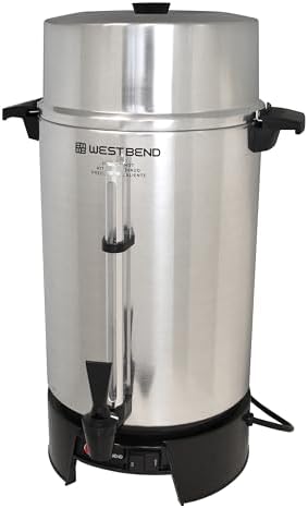West Bend 33600 Coffee Urn Commercial Highly Polished Aluminum NSF Approved Features Automatic Temperature Control Large Capacity with Fast Brewing and Easy Clean Up  100 Cup  Silver