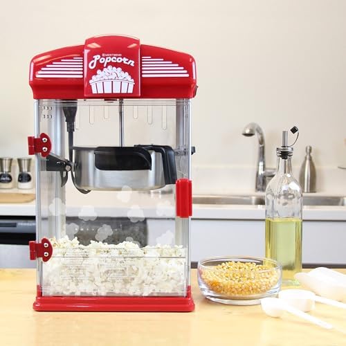 West Bend Stir Crazy Movie Theater Popcorn Popper  Gourmet Popcorn Maker Machine with Nonstick Popcorn Kettle  Measuring Tool and Popcorn Scoop for Popcorn Machine  4 Qt   Red