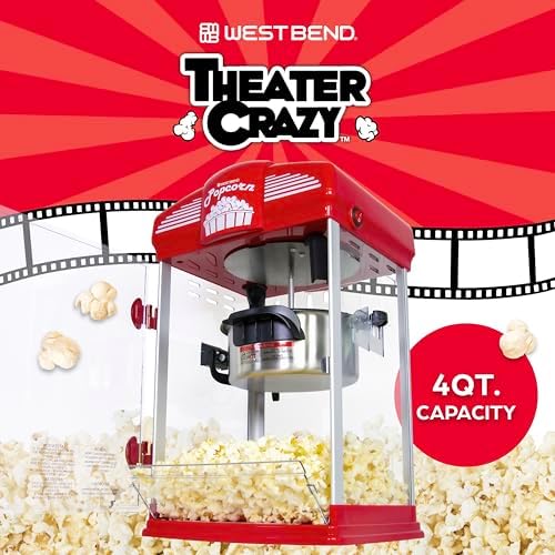 West Bend Stir Crazy Movie Theater Popcorn Popper  Gourmet Popcorn Maker Machine with Nonstick Popcorn Kettle  Measuring Tool and Popcorn Scoop for Popcorn Machine  4 Qt   Red
