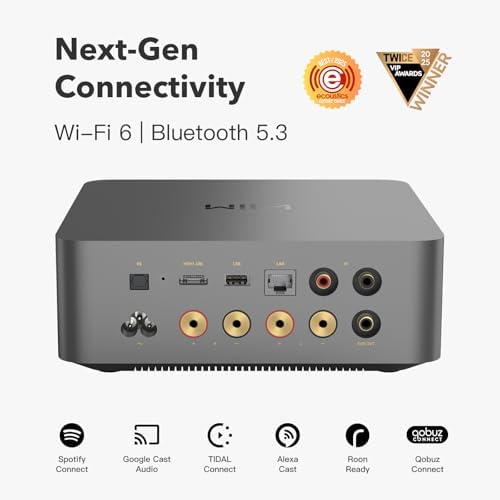 WiiM Amp Ultra with Voice Remote 2   100W Streaming Amplifier with Premium ESS ES9039Q2M DAC & Dual TI TPA3255 Amps   Built in RoomFit EQ & Touchscreen   HDMI ARC  Optical  RCA Inputs   Space Gray