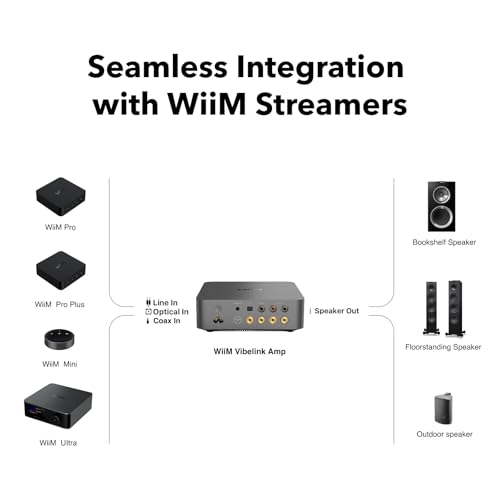 WiiM Vibelink Amp   100W Power Amplifier with Premium ESS 9039Q2M DAC and TI TPA3255   Compatible with WiiM Mini  Pro  Pro Plus  and Ultra   RCA  Coax  and Optical Inputs   Space Gray
