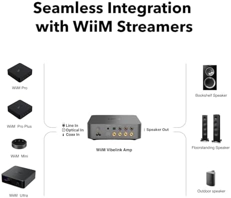 WiiM Vibelink Amp   100W Power Amplifier with Premium ESS 9039Q2M DAC and TI TPA3255   Compatible with WiiM Mini  Pro  Pro Plus  and Ultra   RCA  Coax  and Optical Inputs   Space Gray