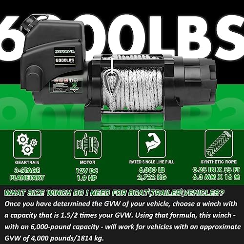 Winch with 1/4 55 ft Synthetic Rope Electric Winch 12v 6000lbs  Trailer Winch with Wireless Remote &Manual Switch  with Pulley Rubber Stopper IP68 Waterproof  for Off Road ATV UTV
