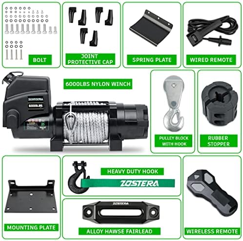 Winch with 1/4 55 ft Synthetic Rope Electric Winch 12v 6000lbs  Trailer Winch with Wireless Remote &Manual Switch  with Pulley Rubber Stopper IP68 Waterproof  for Off Road ATV UTV