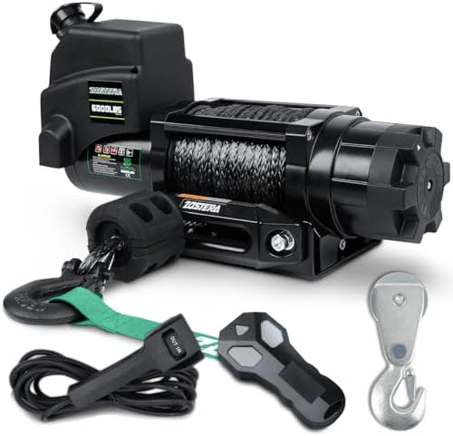 Winch with 1/4 55 ft Synthetic Rope Electric Winch 12v 6000lbs  Trailer Winch with Wireless Remote &Manual Switch  with Pulley Rubber Stopper IP68 Waterproof  for Off Road ATV UTV