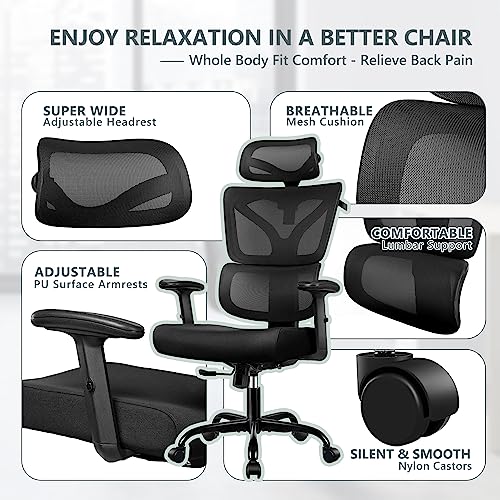 Winrise Office Chair Ergonomic Desk Chair  High Back Gaming Chair  Big and Tall Reclining Comfy Home Office Chair Lumbar Support Breathable Mesh Computer Chair Adjustable Armrests  Black