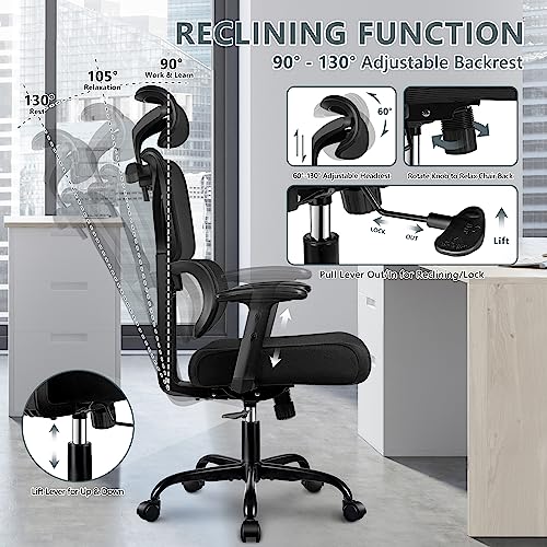 Winrise Office Chair Ergonomic Desk Chair  High Back Gaming Chair  Big and Tall Reclining Comfy Home Office Chair Lumbar Support Breathable Mesh Computer Chair Adjustable Armrests  Black