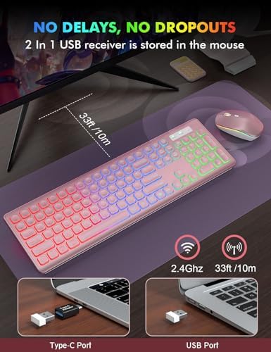 Wireless Keyboard and Mouse Combo  RGB Backlit  Rechargeable & Light Up Letters  Full Size  Soft Typing  Sleep Mode  2 4GHz Quiet Keyboard Set for Mac  Windows  Laptop  PC  Trueque  Black 